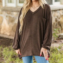  Reg Long Sleeve V Neck Top with Chest Pocket by Andrée: Chocolate