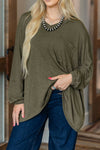 Plus Long Sleeve V Neck Top with Chest Pocket by Andrée: Olive