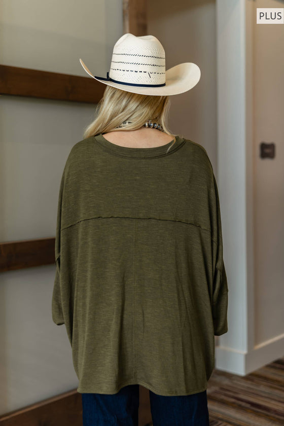 Plus Long Sleeve V Neck Top with Chest Pocket by Andrée: Olive