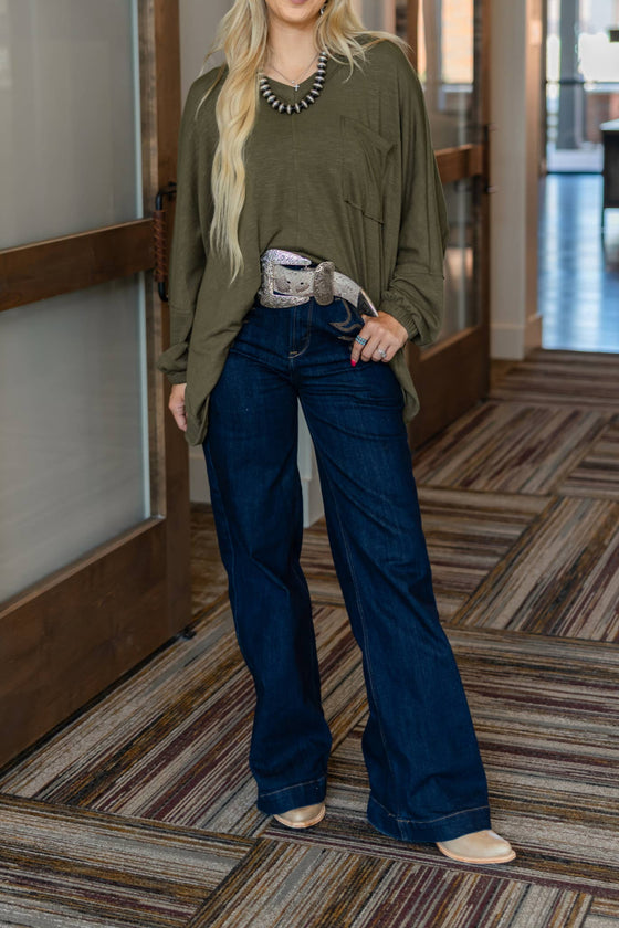 Plus Long Sleeve V Neck Top with Chest Pocket by Andrée: Olive