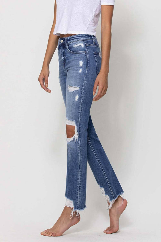 Mid Rise Destroyed Ankle Straight Jeans