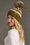 Olive & Cream Patterned Pom Hat