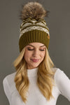Olive & Cream Patterned Pom Hat