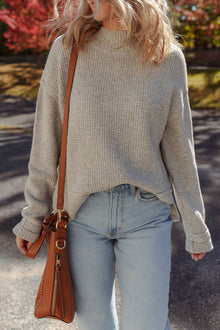  Texture Knit Ribbed High Neck Drop Shoulder Sweater