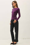 Boat Neck Long Sleeve Ruched Top | Eggplant
