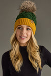 Green & Gold Trim Cable Knit Pom Hat