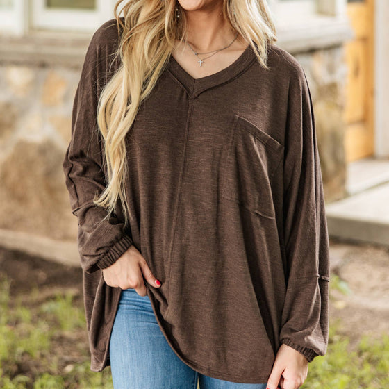 Reg Long Sleeve V Neck Top with Chest Pocket by Andrée: Chocolate