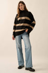 Striped Knit Hooded Mock-Neck High-Low Sweater