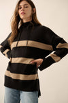 Striped Knit Hooded Mock-Neck High-Low Sweater
