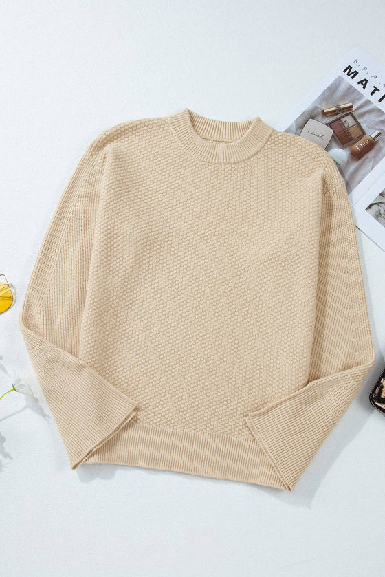 Solid Textured Knit Split Cuff Sweater