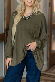 Plus Long Sleeve V Neck Top with Chest Pocket by Andrée: Olive
