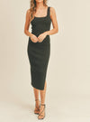 Square Neck Knit Fitted Slit Dress