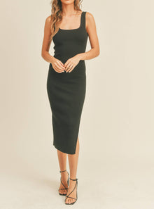  Square Neck Knit Fitted Slit Dress