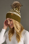 Olive & Cream Patterned Pom Hat