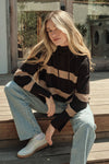 Striped Knit Hooded Mock-Neck High-Low Sweater
