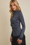 MOCK NECK LONG SLEEVE SHIRRING DETAIL TOP