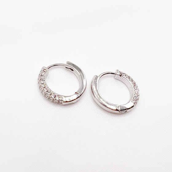 Glisten Pave Silver Huggie Hoops