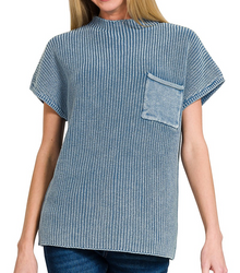  Zenana Washed Mock Neck Short Sleeve Sweater