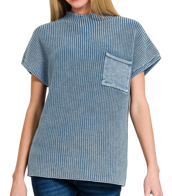 Zenana Washed Mock Neck Short Sleeve Sweater