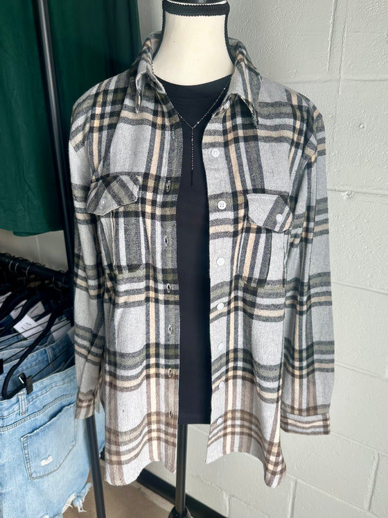 Gray, Tan & Olive Plaid Flannel