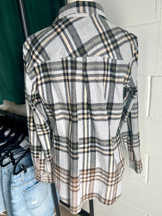 Gray, Tan & Olive Plaid Flannel