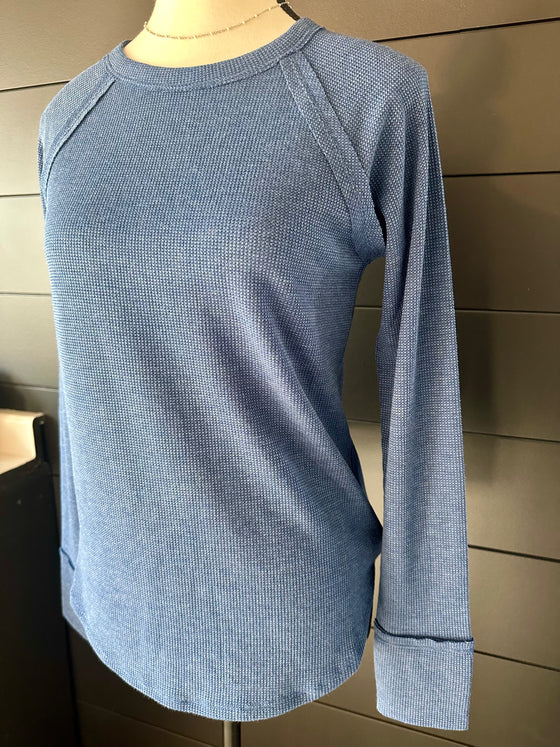 Zenana Waffle Long Sleeve Top - Blue