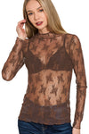 Long Sleeve Floral Mesh Lace Top | Brown