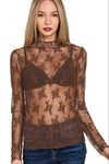 Long Sleeve Floral Mesh Lace Top | Brown