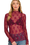 Long Sleeve Floral Mesh Lace Top | Cabernet