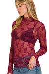 Long Sleeve Floral Mesh Lace Top | Cabernet