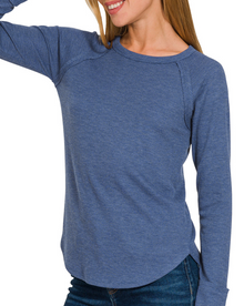  Zenana Waffle Long Sleeve Top - Blue