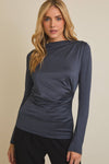 MOCK NECK LONG SLEEVE SHIRRING DETAIL TOP