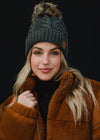 Dark Gray Cable Knit Pom Hat