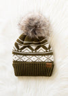 Olive & Cream Patterned Pom Hat