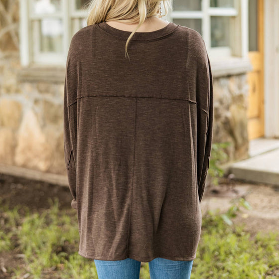 Reg Long Sleeve V Neck Top with Chest Pocket by Andrée: Chocolate