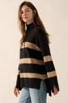 Striped Knit Hooded Mock-Neck High-Low Sweater