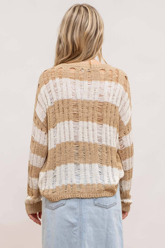 Striped Ladder Knit Pullover Sweater