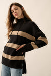 Striped Knit Hooded Mock-Neck High-Low Sweater