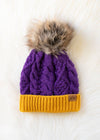 Purple & Gold Trim Cable Knit Pom Hat