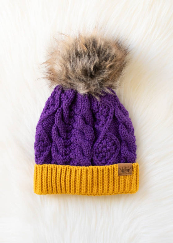 Purple & Gold Trim Cable Knit Pom Hat