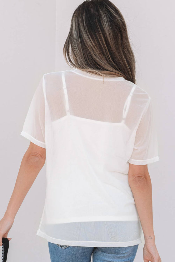 Sheer Mesh Patchwork Short Sleeve Top